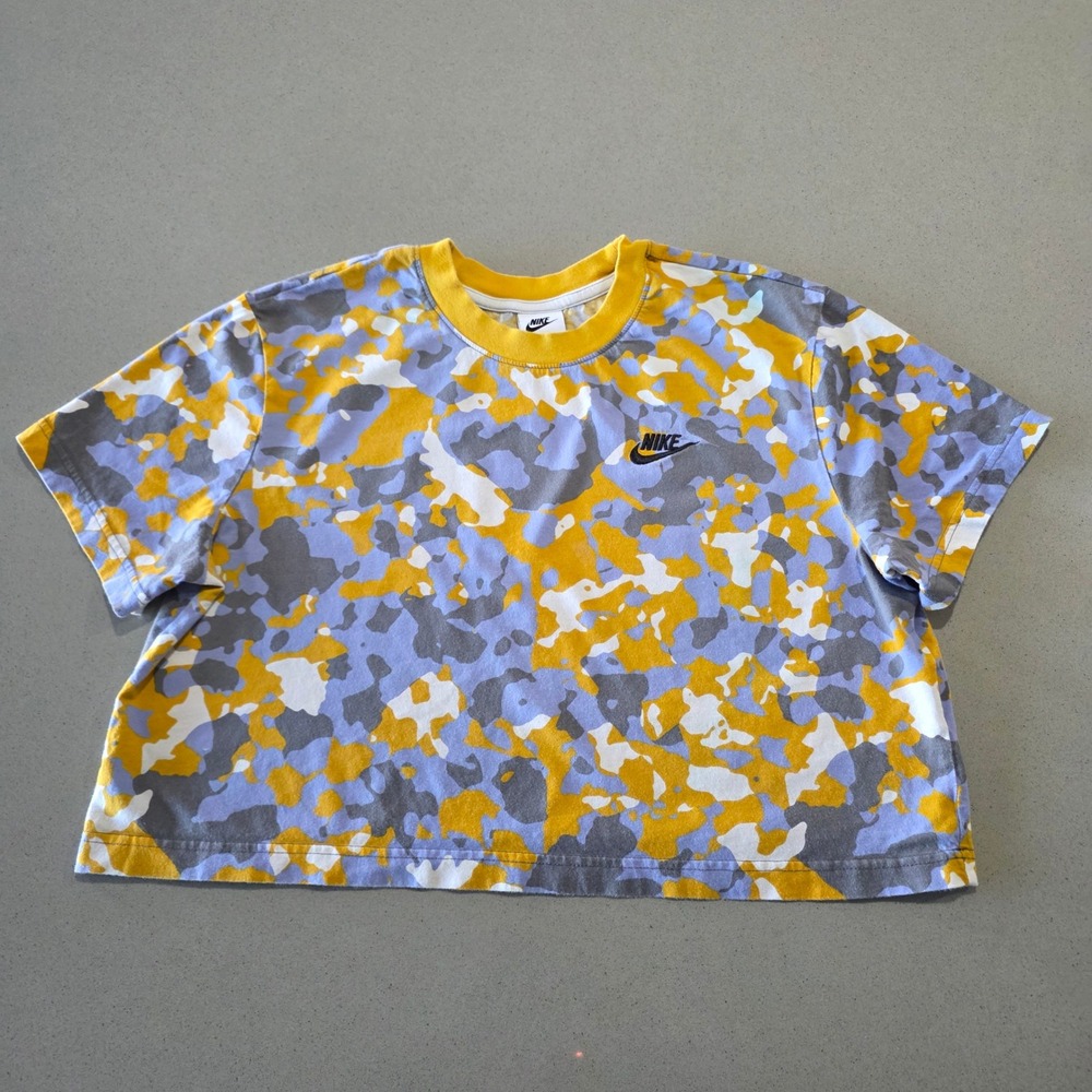 Nike Womens Camo Cropped T-Shirt Yellow Purple Grey Boxy Fit Large